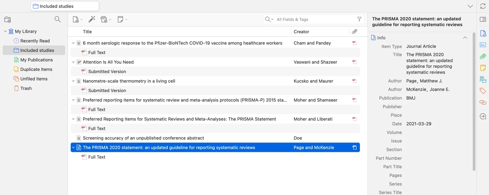 The Zotero library after a run, each reference expanded to show its attached PDF
