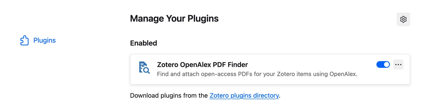 Zotero's plugin manager with OpenAlex PDF Finder installed and enabled