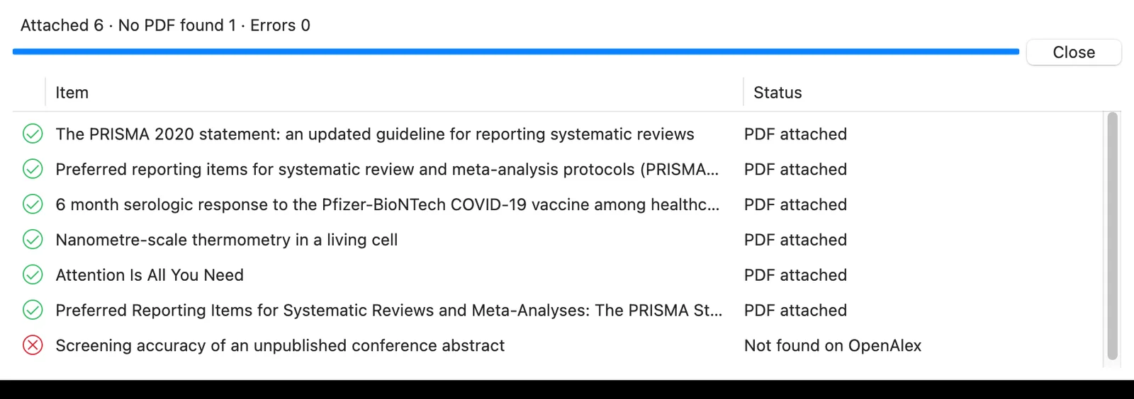 The OpenAlex PDF Finder progress window after a run: seven references listed, six marked PDF attached and one marked Not found on OpenAlex