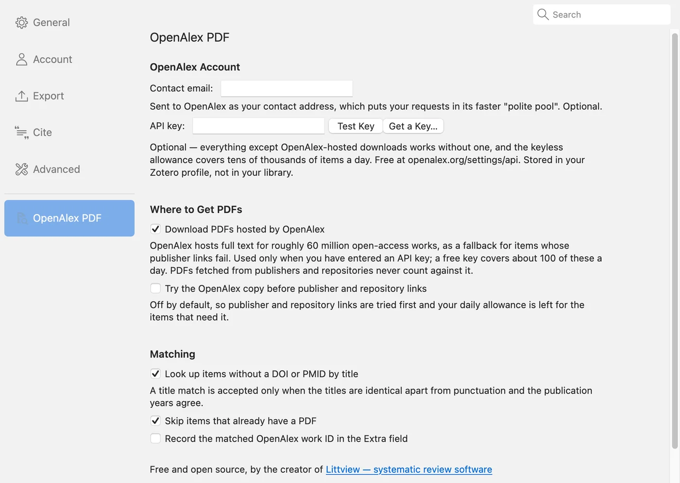 The OpenAlex PDF settings pane in Zotero: contact email, API key, PDF sources, title matching and skip options